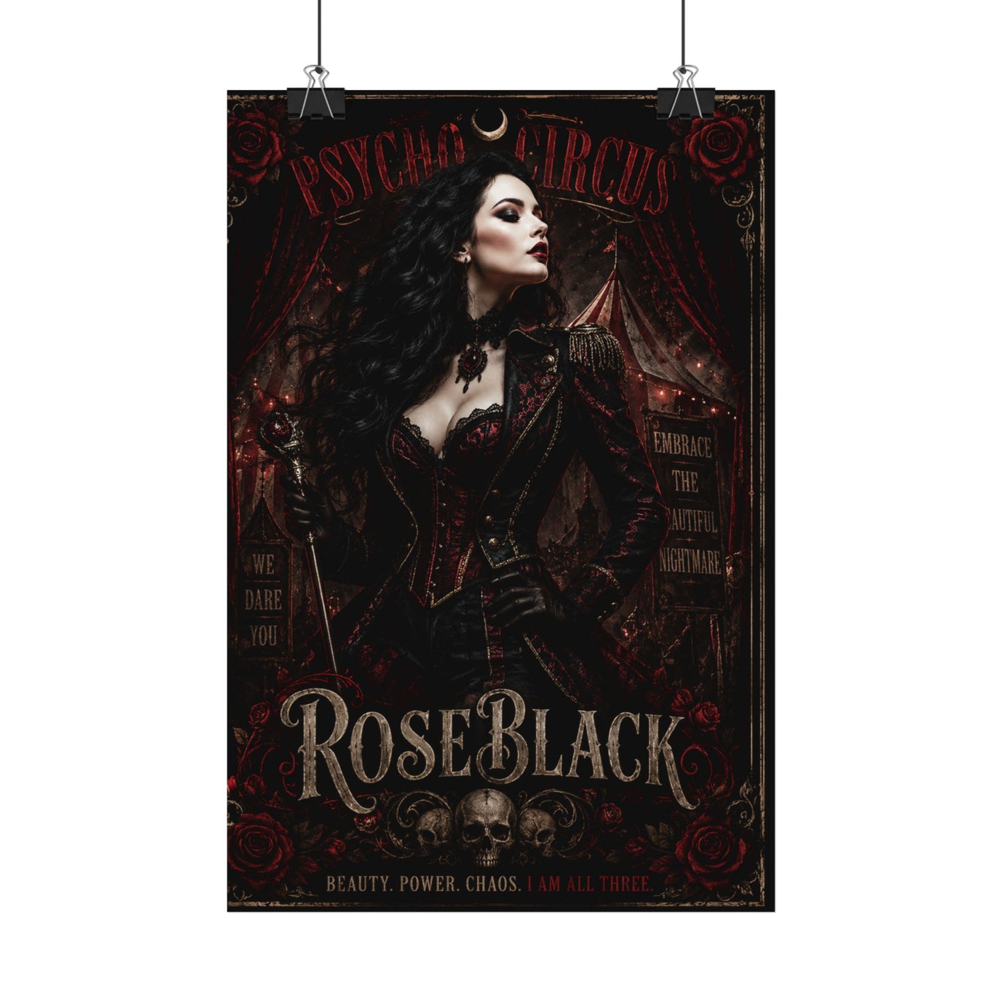 Rose Black Gothic Circus Satin Poster — Dark Victorian Witchy Wall Art