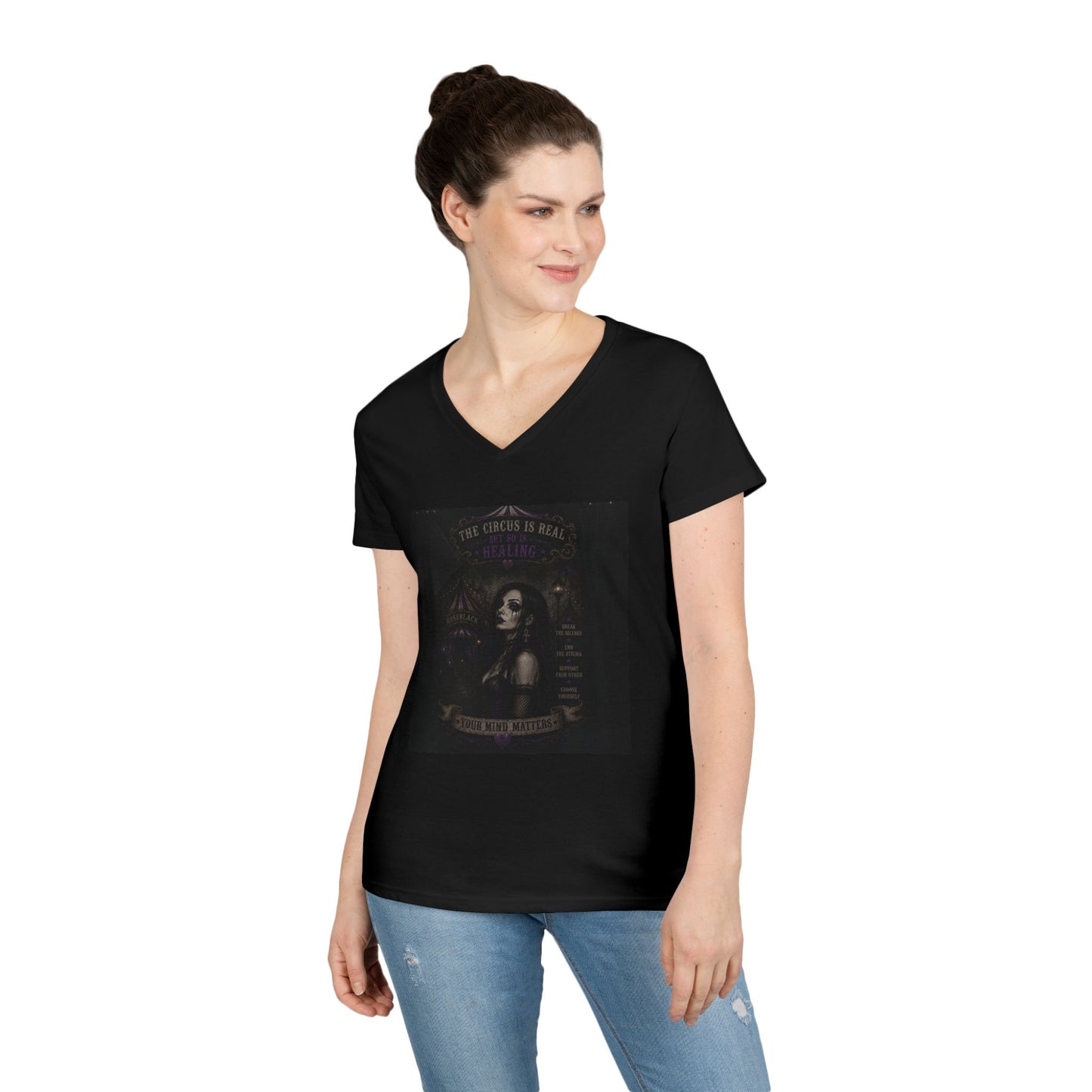 RoseBlack V-Neck Tee — "The Circle is Real" Women's Graphic Shirt