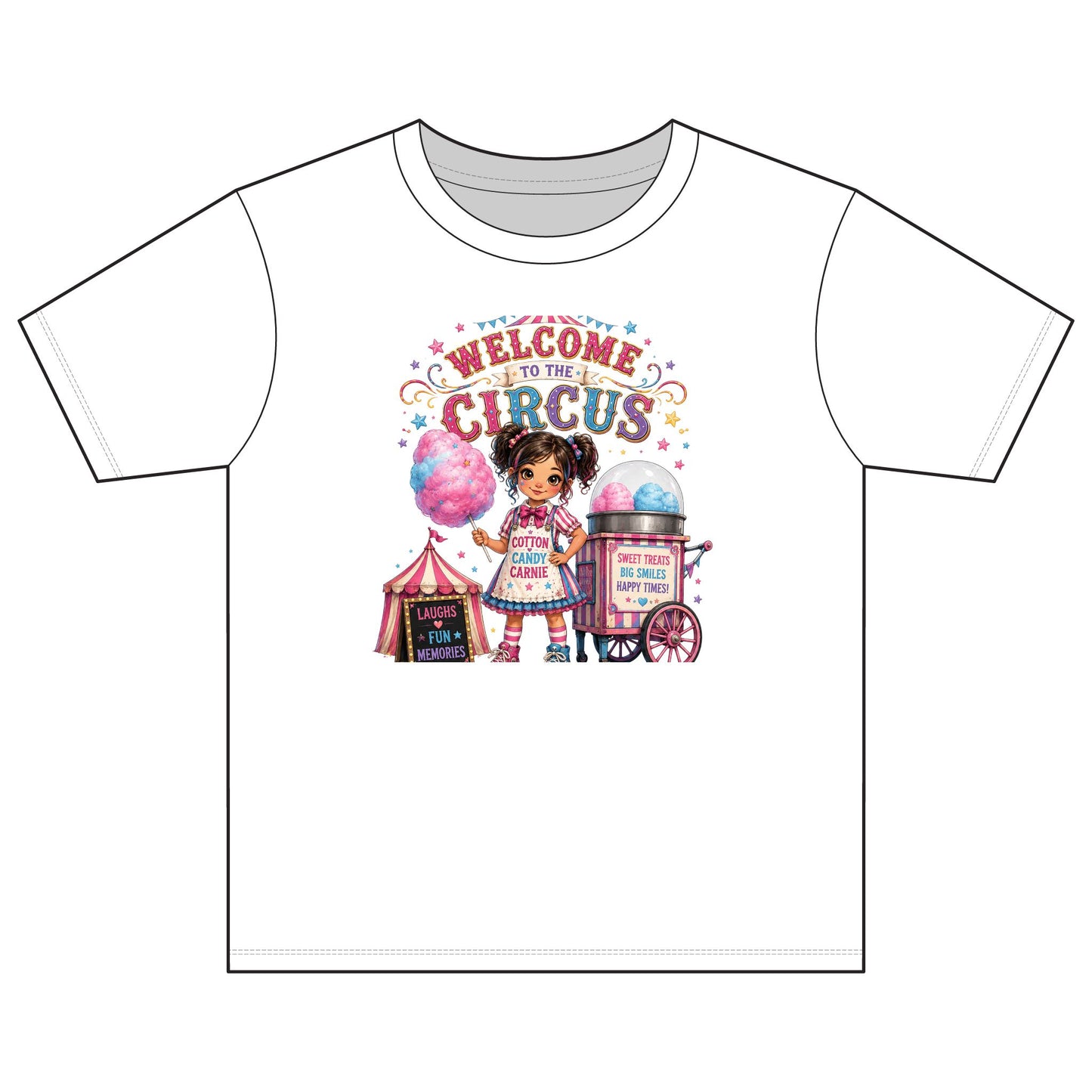 Welcome to the Circus Kids T-Shirt — Cotton Youth Tee with Cute Carnival Girl, Cotton Candy & Tent Design