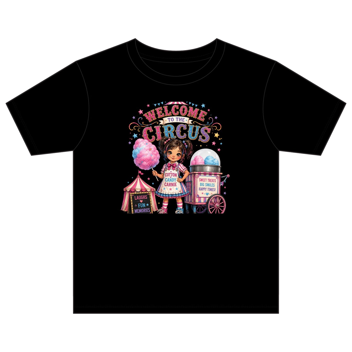 Welcome to the Circus Kids T-Shirt — Cotton Youth Tee with Cute Carnival Girl, Cotton Candy & Tent Design