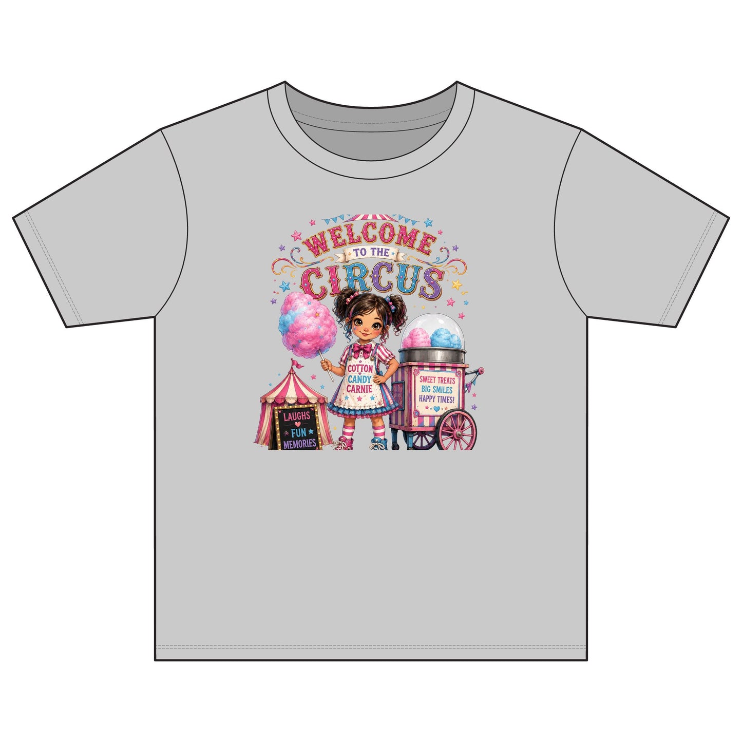 Welcome to the Circus Kids T-Shirt — Cotton Youth Tee with Cute Carnival Girl, Cotton Candy & Tent Design