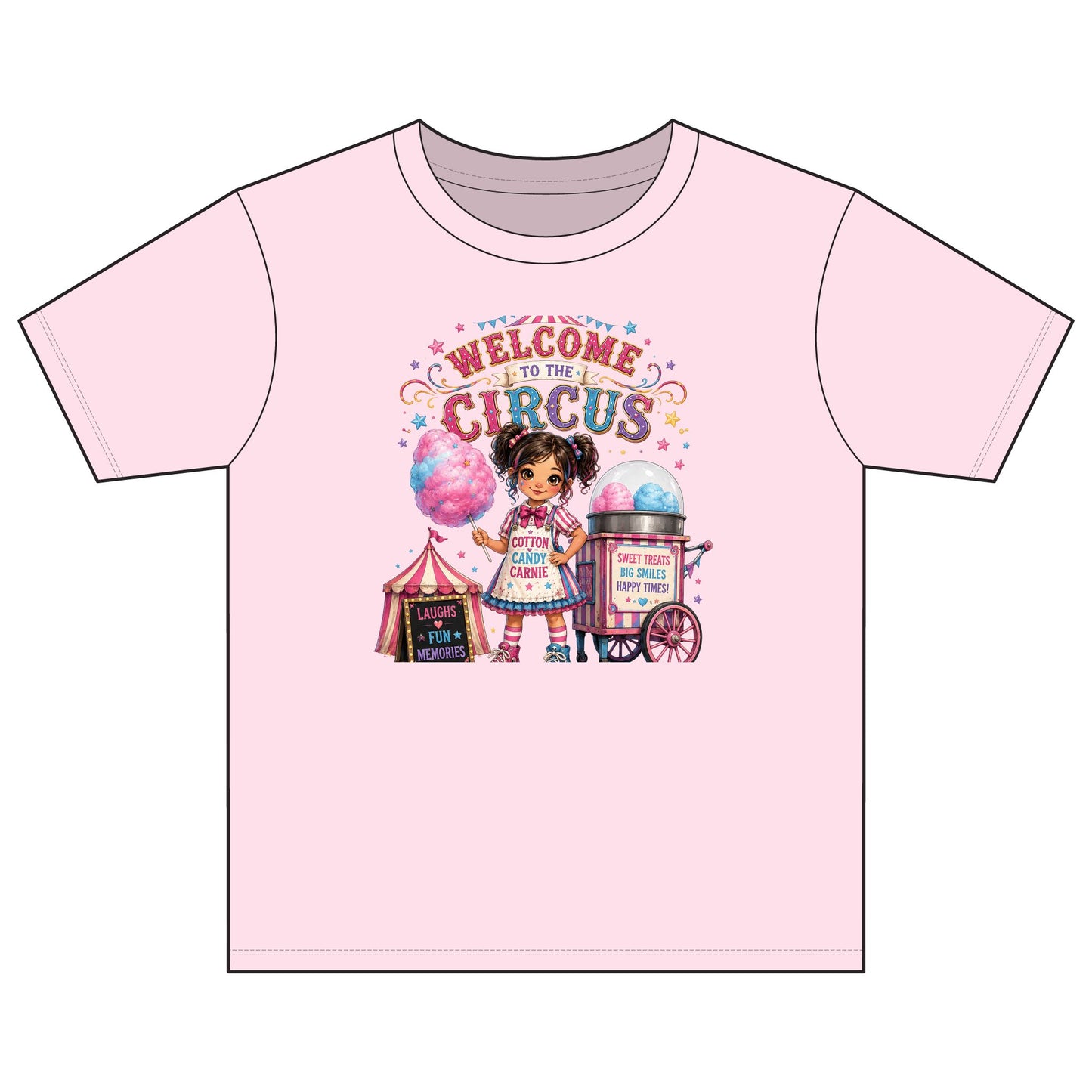 Welcome to the Circus Kids T-Shirt — Cotton Youth Tee with Cute Carnival Girl, Cotton Candy & Tent Design