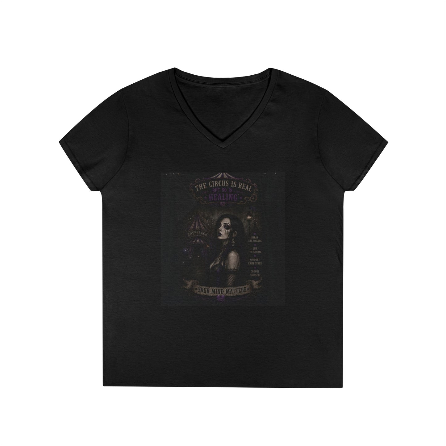 RoseBlack V-Neck Tee — "The Circle is Real" Women's Graphic Shirt