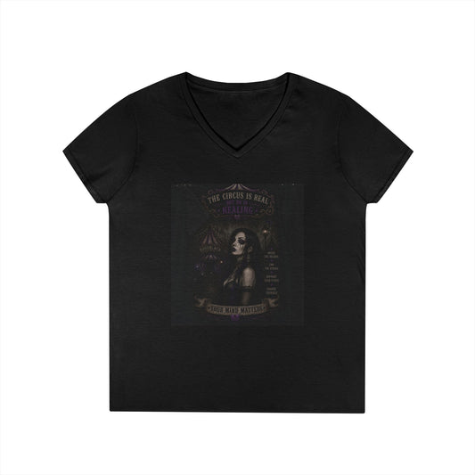 RoseBlack V-Neck Tee — "The Circle is Real" Women's Graphic Shirt